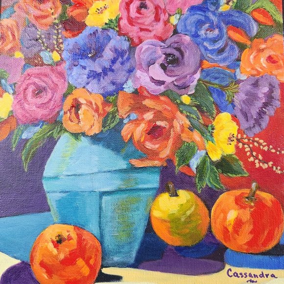 Original 8  x 10 Painting Collectible Artist Signed CASSANDRA~ Floral w/Fruit #2 - Picture 1 of 3